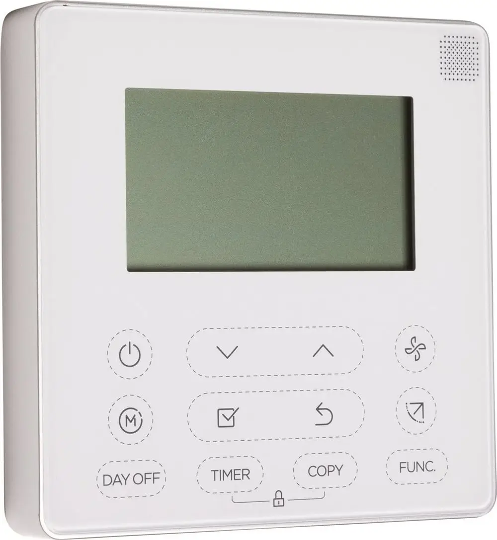 Weißer Raumregler von Bosch mit Display und Tasten zur Steuerung, darunter Funktionen wie Timer, Day Off und Copy. Ideal für die Regelung von Klimageräten.